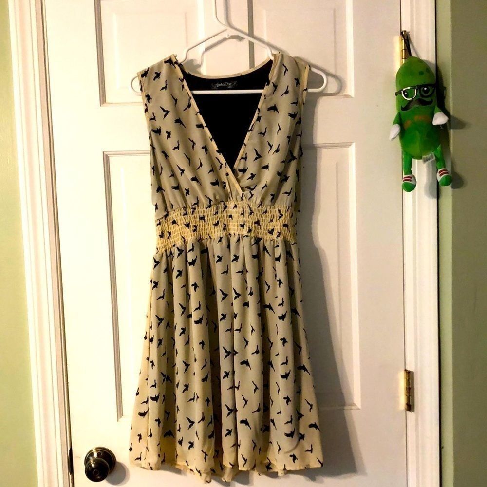 Juniors Bird Print Sleeveless V-Neck Boho Chic Brand Dress